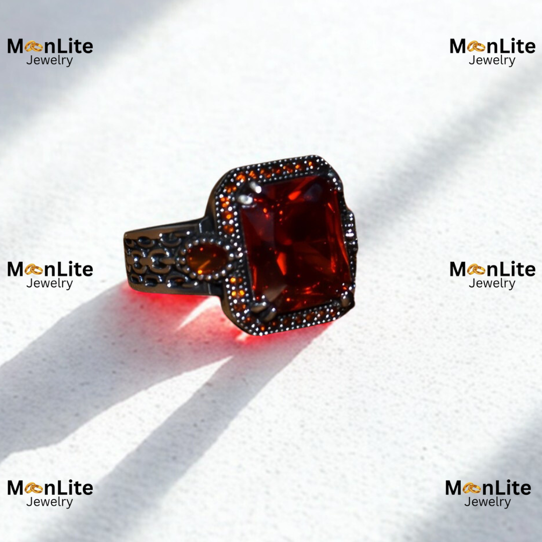 Royal Red Emerald Cut Men’s Ring – Vintage Silver Marcasite Design | MoonLite Jewelry - Image 6