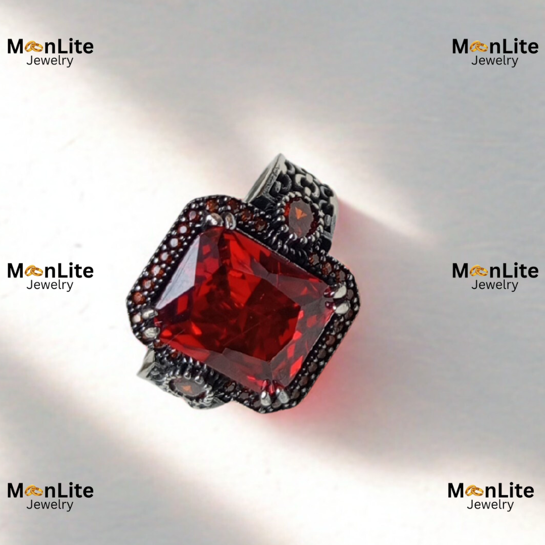 Royal Red Emerald Cut Men’s Ring – Vintage Silver Marcasite Design | MoonLite Jewelry - Image 5