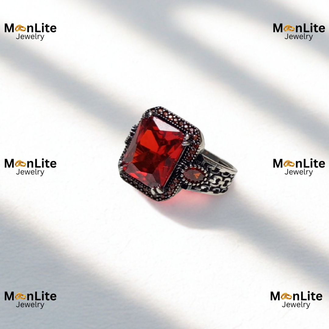 Royal Red Emerald Cut Men’s Ring – Vintage Silver Marcasite Design | MoonLite Jewelry