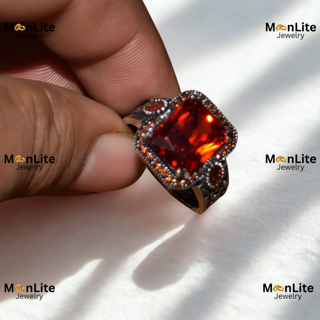 Royal Red Emerald Cut Men’s Ring – Vintage Silver Marcasite Design | MoonLite Jewelry - Image 2