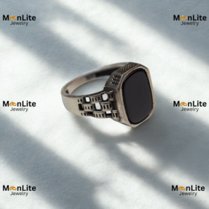 Men’s Antique Silver Chain-Style Ring with Rectangular Black Stone | MoonLite Jewelry