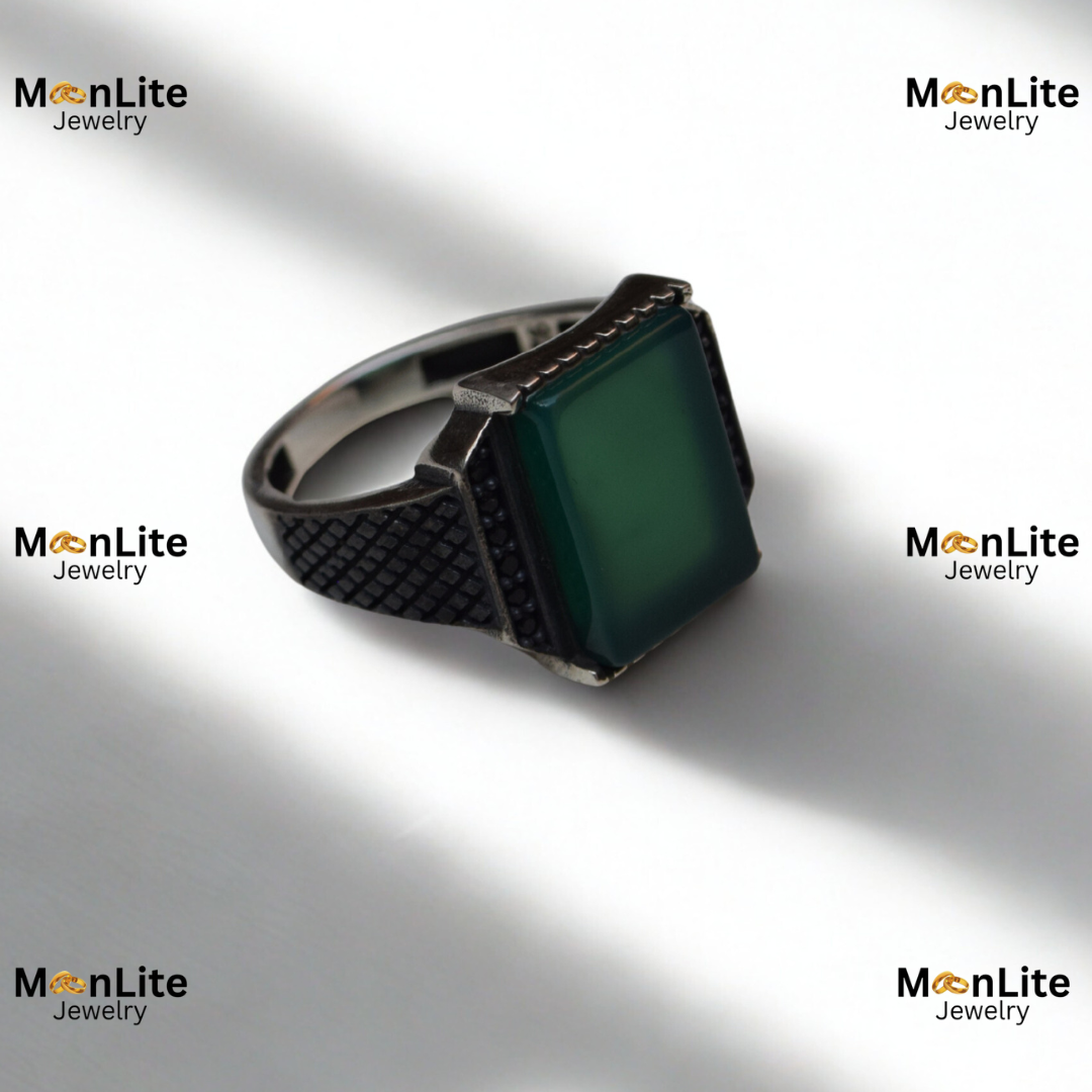 Classic Green Rectangular Stone Men’s Ring – Textured Vintage Silver Band | MoonLite Jewelry - Image 6
