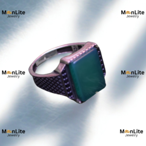 Classic Green Rectangular Stone Men’s Ring – Textured Vintage Silver Band | MoonLite Jewelry