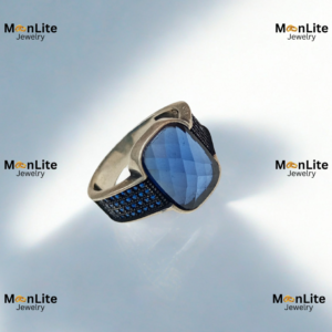 Men’s Deep Blue Stone Ring – Silver Finish With Blue Crystal Detailing | MoonLite Jewelry.