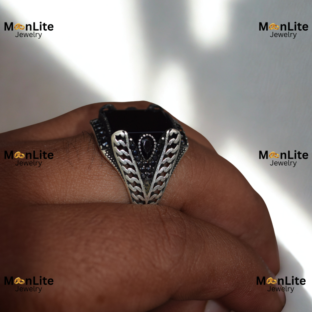 Antique Black Square Stone Men’s Ring – Vintage Silver Engraved Design | MoonLite Jewelry - Image 4