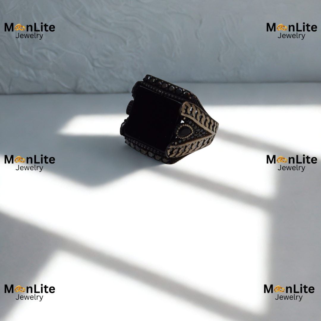 Antique Black Square Stone Men’s Ring – Vintage Silver Engraved Design | MoonLite Jewelry
