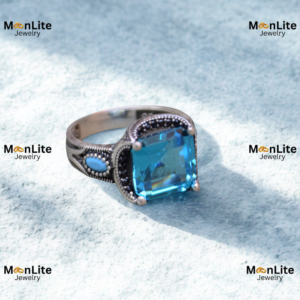 Vintage Blue Square Gemstone Ring – Antique Silver Design | MoonLite Jewelry